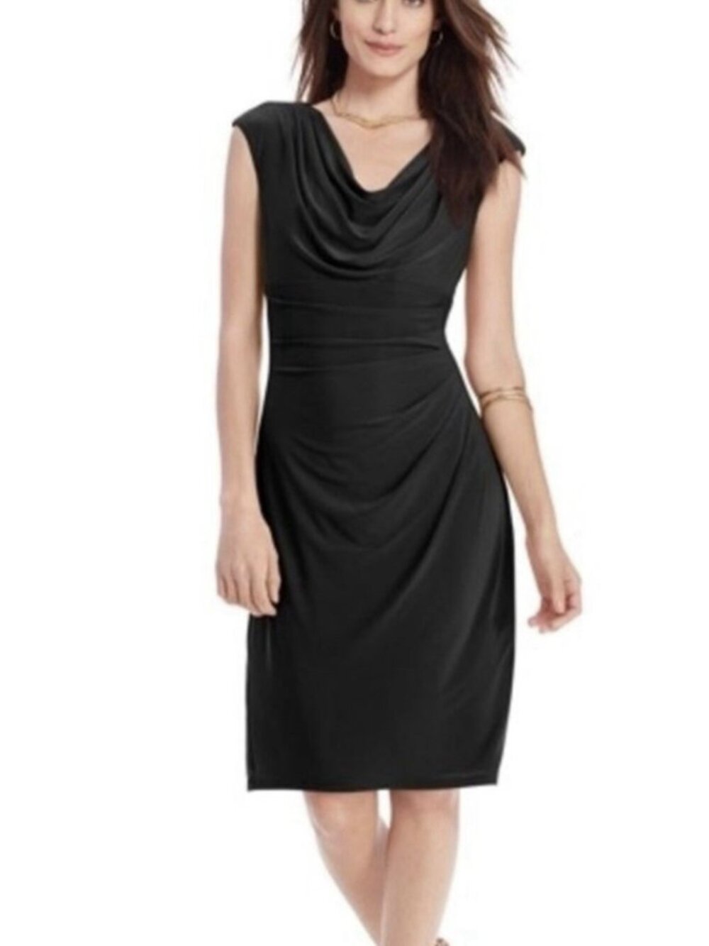 Lauren Ralph Lauren Black Cowlneck Stretch Jersey Side Ruched Dress Sz 10 M
